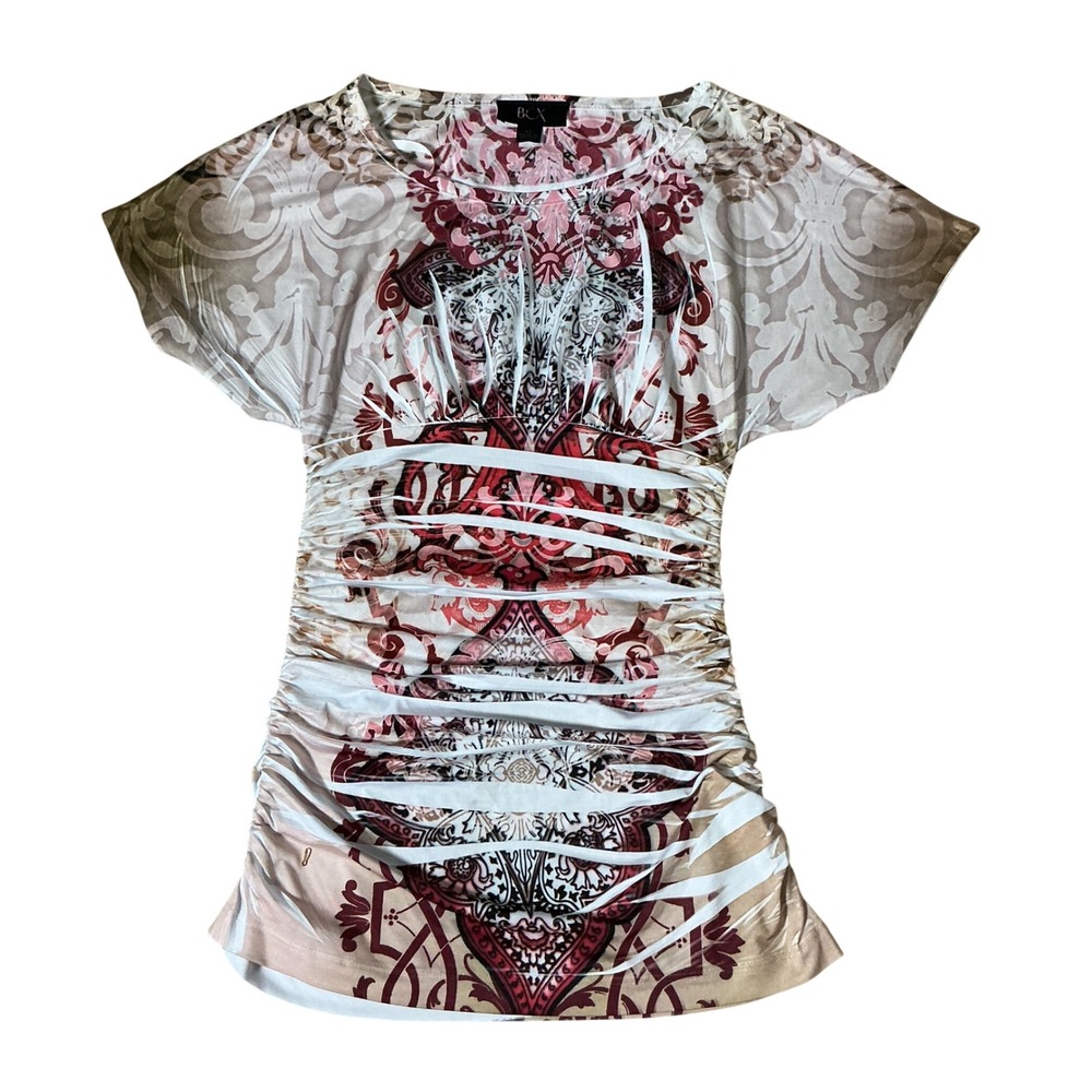 Y2K BCX Womens XS Pink Tan Damask Paisley Ruched Slashed Cap Sleeve Top 1037Q33